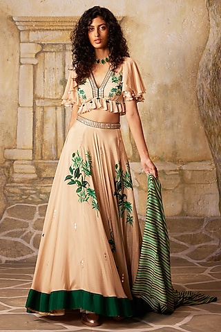 Beige Chinon Chiffon Floral Printed Lehenga Set by Basil Leaf
