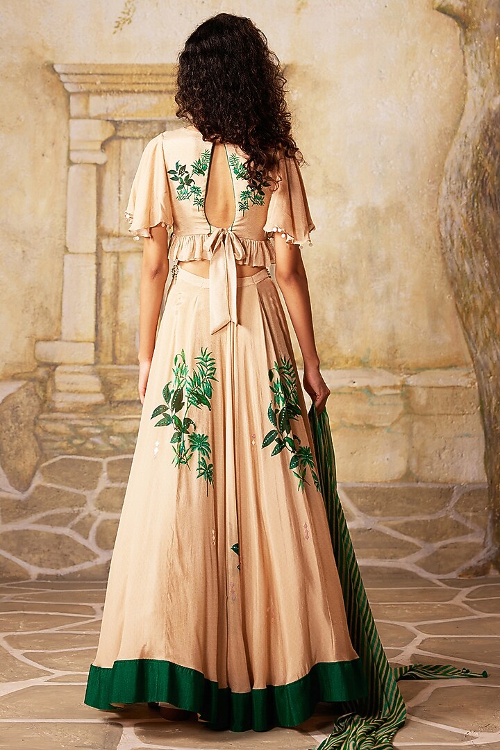 Beige Chinon Chiffon Floral Printed Wedding Lehenga Set by Basil Leaf at Pernia's Pop Up Shop