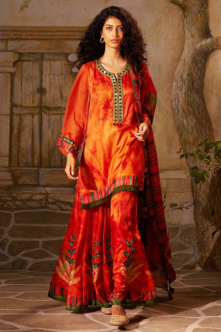 Rust Orange Gaji Satin Printed Sharara Set by Basil Leaf at Pernia's Pop Up Shop