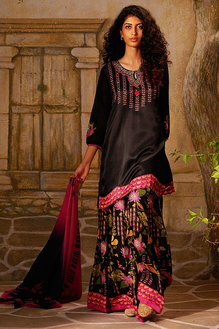 Charcoal Black Bemberg Satin Floral Printed Sharara Set by Basil Leaf at Pernia's Pop Up Shop