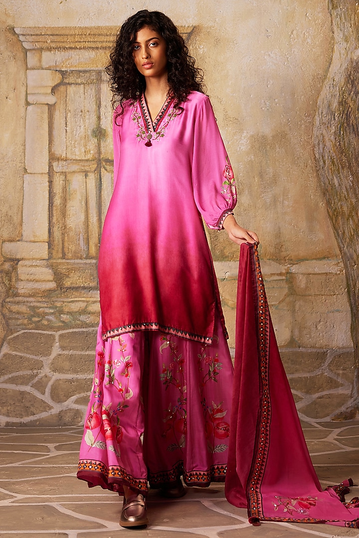 Pink Gaji Satin Printed Sharara Set by Basil Leaf at Pernia's Pop Up Shop