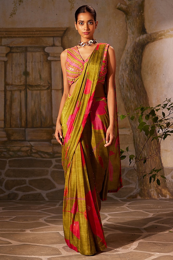 Olive Green Chinon Chiffon Pre-Draped Saree Set by Basil Leaf at Pernia's Pop Up Shop