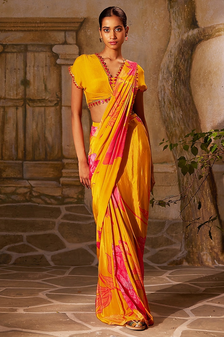 Mustard Chinon Chiffon Pre-Draped Saree Set by Basil Leaf at Pernia's Pop Up Shop