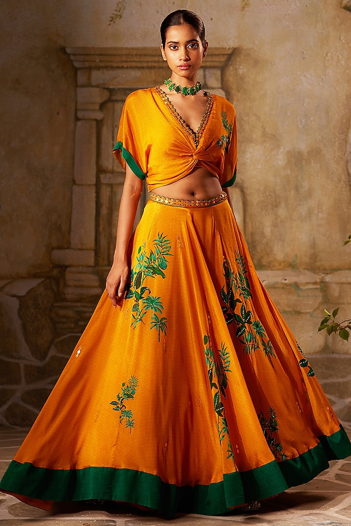 Mango Yellow Chinon Chiffon Floral Embroidered Wedding Lehenga Set by Basil Leaf at Pernia's Pop Up Shop