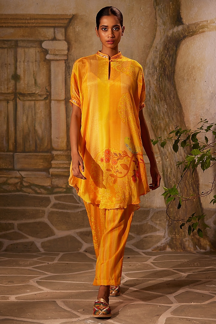 Mango Yellow Chinon Chiffon Embellished Co-Ord Set by Basil Leaf at Pernia's Pop Up Shop