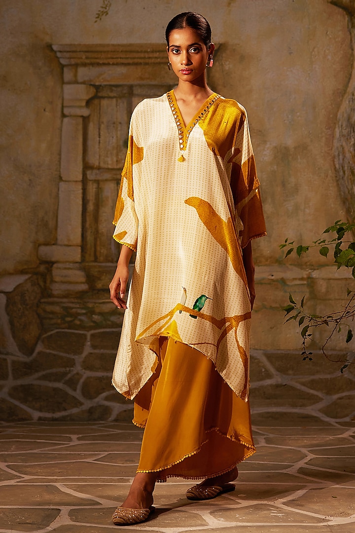 Beige & Yellow Crepe Printed Kurta Set by Basil Leaf at Pernia's Pop Up Shop