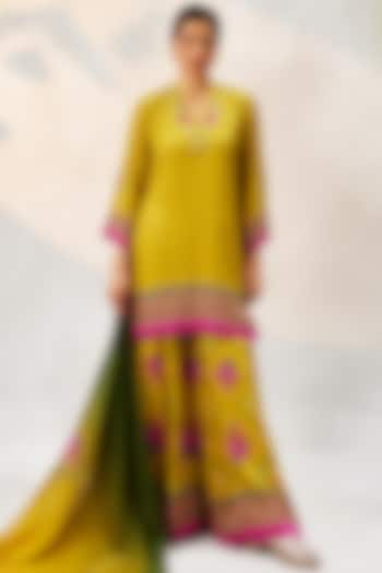 Ochre Yellow Gajji Satin Sharara Set by Basil Leaf at Pernia's Pop Up Shop