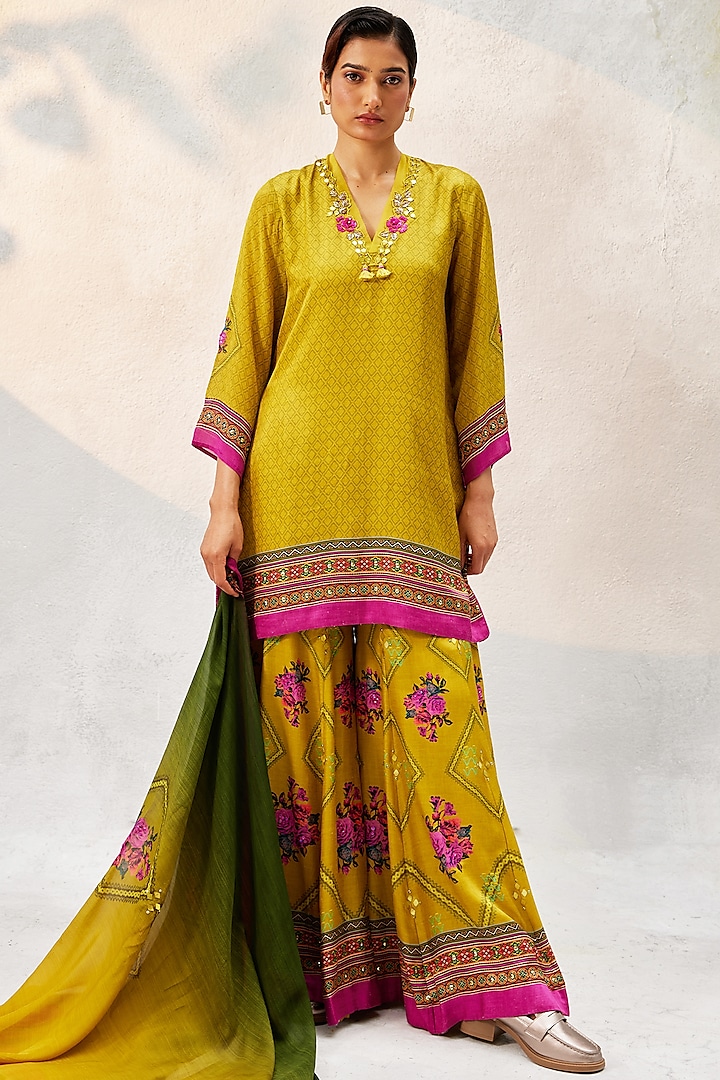 Ochre Yellow Gajji Satin Sharara Set by Basil Leaf at Pernia's Pop Up Shop