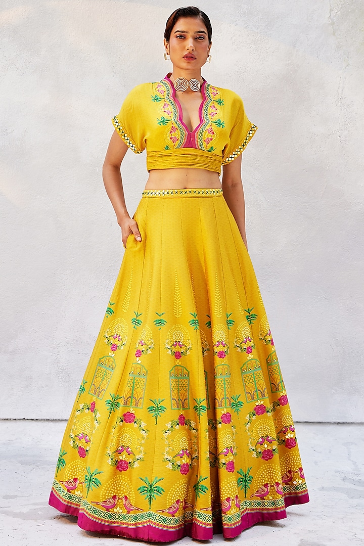 Bright Gold Tussar Silk Hand Embroidered Wedding Lehenga Set by Basil Leaf at Pernia's Pop Up Shop