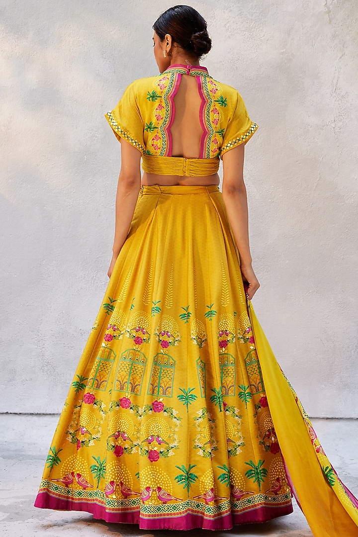 Bright Gold Tussar Silk Hand Embroidered Wedding Lehenga Set by Basil Leaf at Pernia's Pop Up Shop