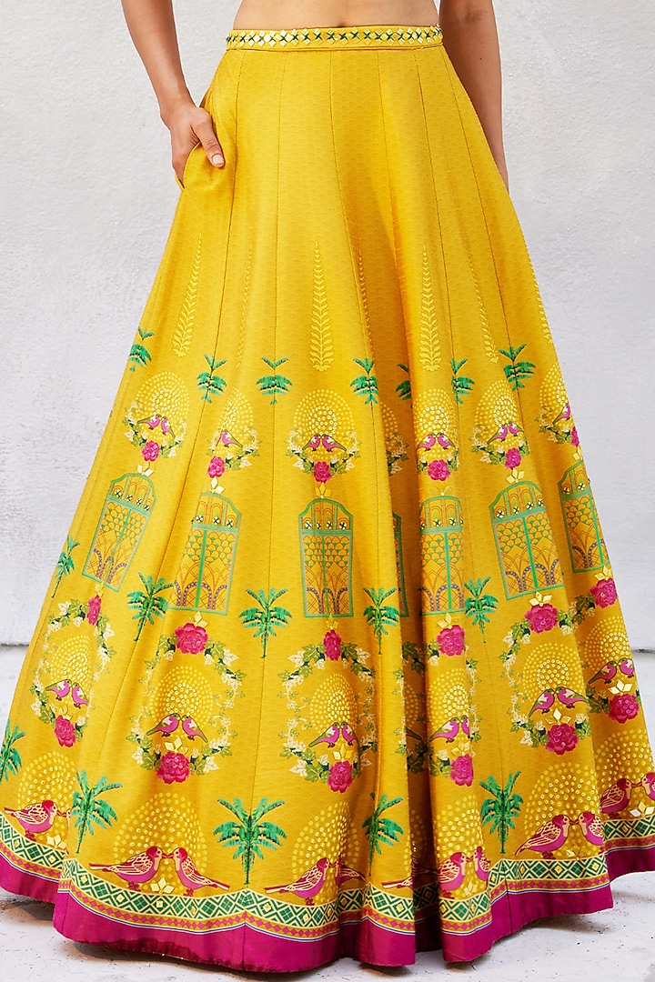 Bright Gold Tussar Silk Hand Embroidered Wedding Lehenga Set by Basil Leaf at Pernia's Pop Up Shop