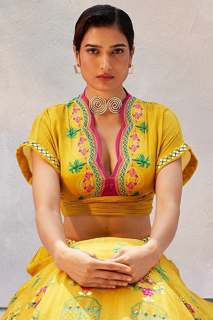 Bright Gold Tussar Silk Hand Embroidered Wedding Lehenga Set by Basil Leaf at Pernia's Pop Up Shop