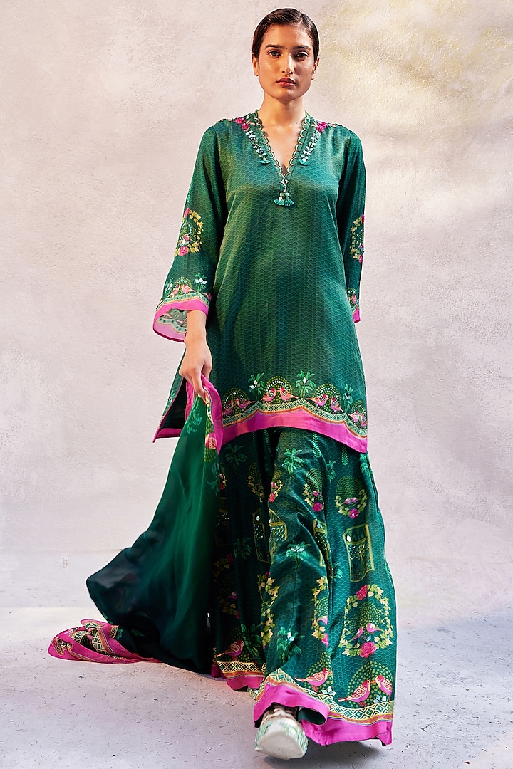 Bottle Green Gajji Satin Printed Sharara Set by Basil Leaf at Pernia's Pop Up Shop