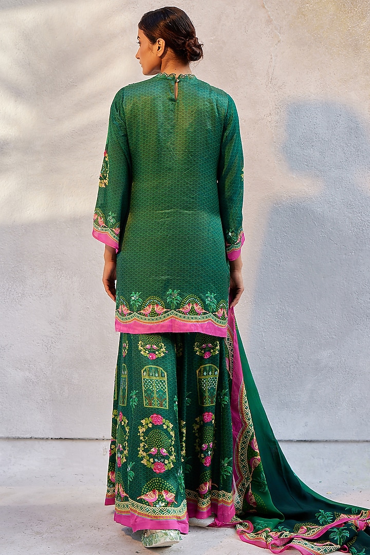 Bottle Green Gajji Satin Printed Wedding Sharara Set by Basil Leaf at Pernia's Pop Up Shop