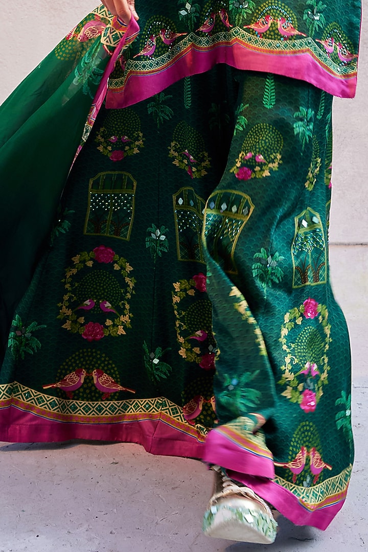 Bottle Green Gajji Satin Printed Wedding Sharara Set by Basil Leaf at Pernia's Pop Up Shop