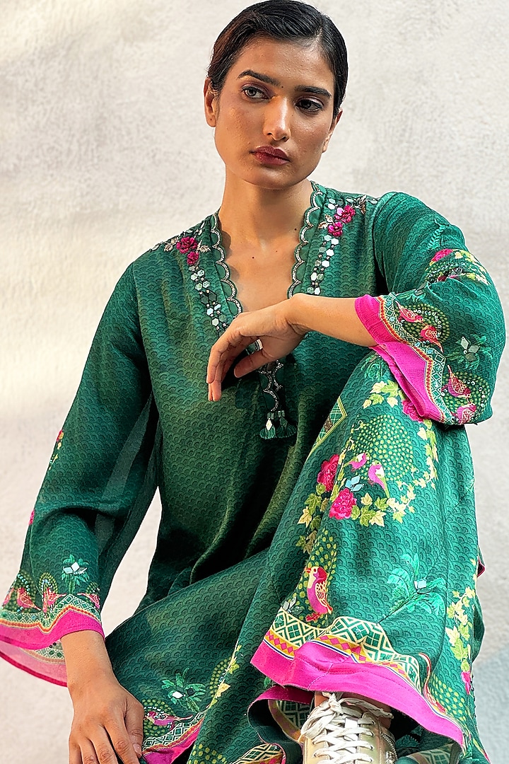Bottle Green Gajji Satin Printed Wedding Sharara Set by Basil Leaf at Pernia's Pop Up Shop
