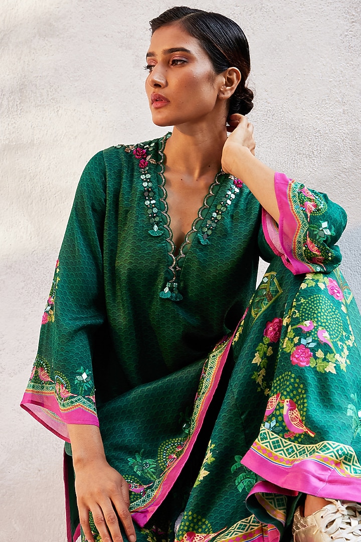 Bottle Green Gajji Satin Printed Wedding Sharara Set by Basil Leaf at Pernia's Pop Up Shop