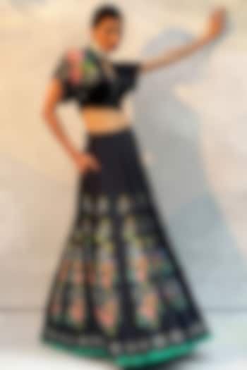 Black Tussar Silk & Chiffon Printed Wedding Lehenga Set by Basil Leaf at Pernia's Pop Up Shop