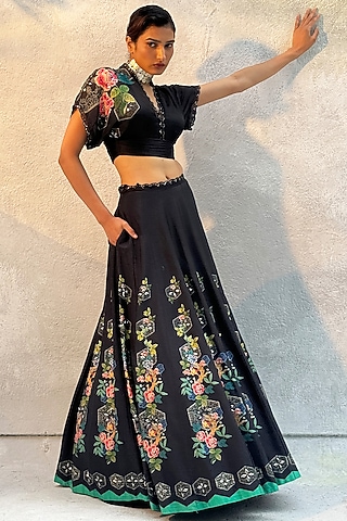 Black Tussar Silk & Chiffon Printed Lehenga Set by Basil Leaf