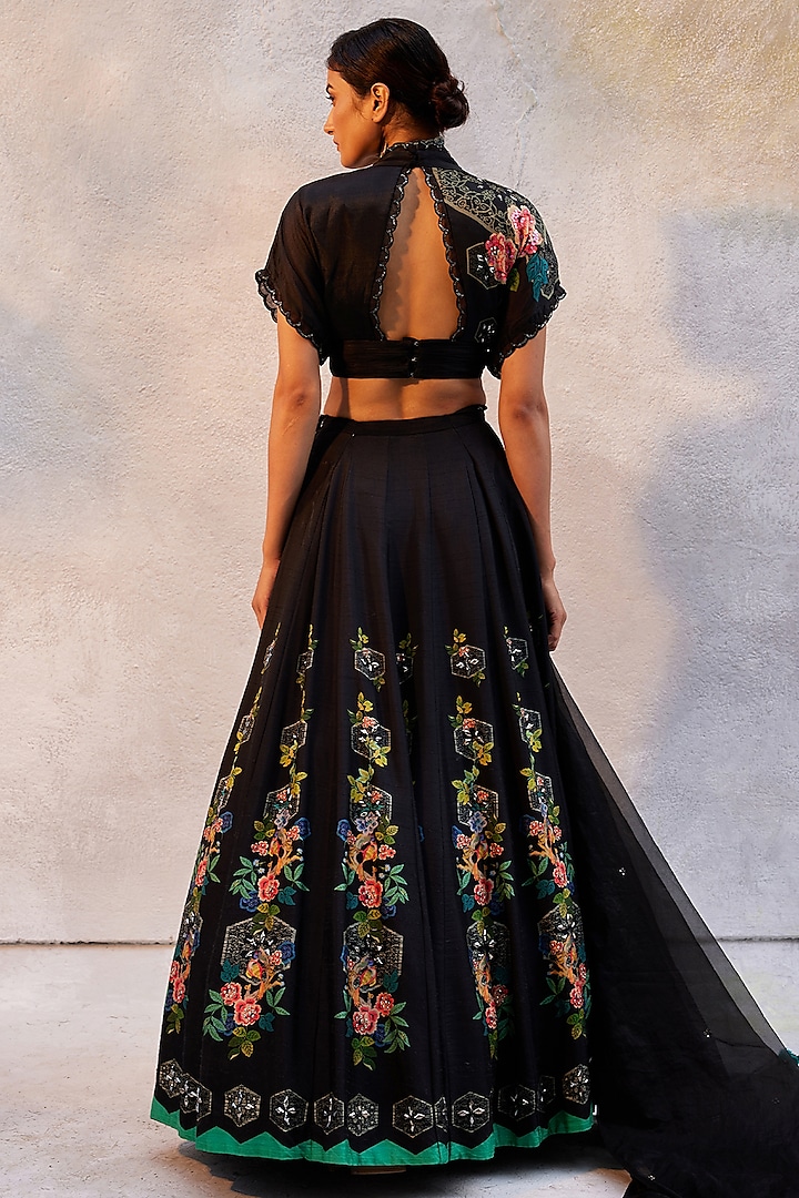 Black Tussar Silk & Chiffon Printed Wedding Lehenga Set by Basil Leaf at Pernia's Pop Up Shop