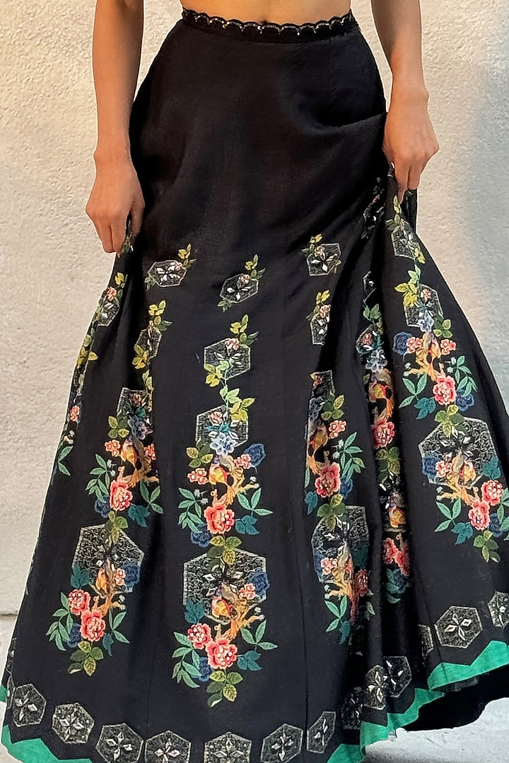 Black Tussar Silk & Chiffon Printed Wedding Lehenga Set by Basil Leaf at Pernia's Pop Up Shop