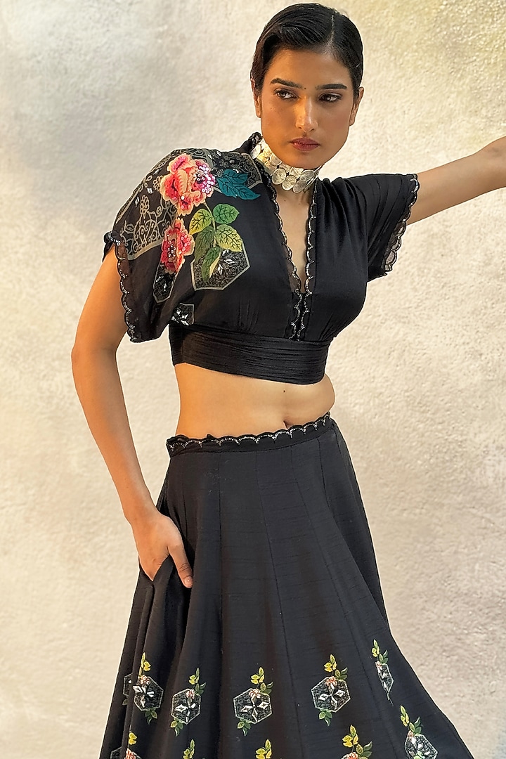 Black Tussar Silk & Chiffon Printed Wedding Lehenga Set by Basil Leaf at Pernia's Pop Up Shop