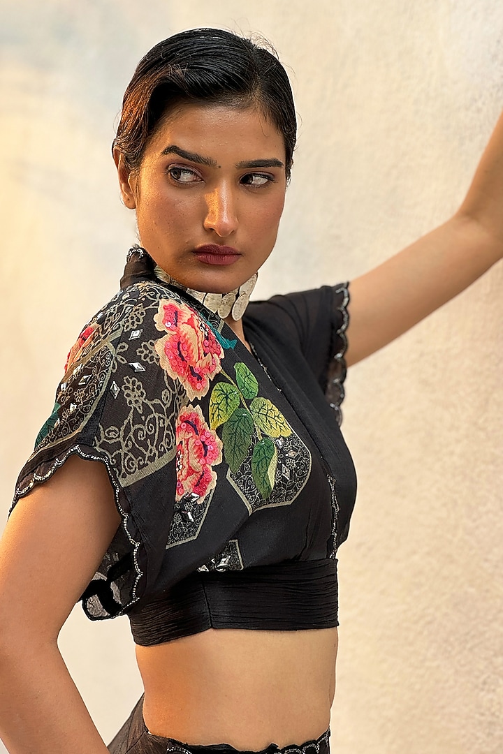Black Tussar Silk & Chiffon Printed Wedding Lehenga Set by Basil Leaf at Pernia's Pop Up Shop