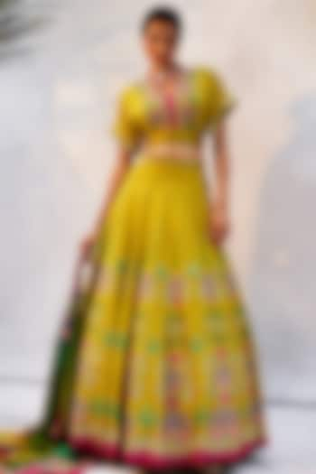 Citrine Yellow Tussar Silk Embroidered Wedding Lehenga Set by Basil Leaf at Pernia's Pop Up Shop