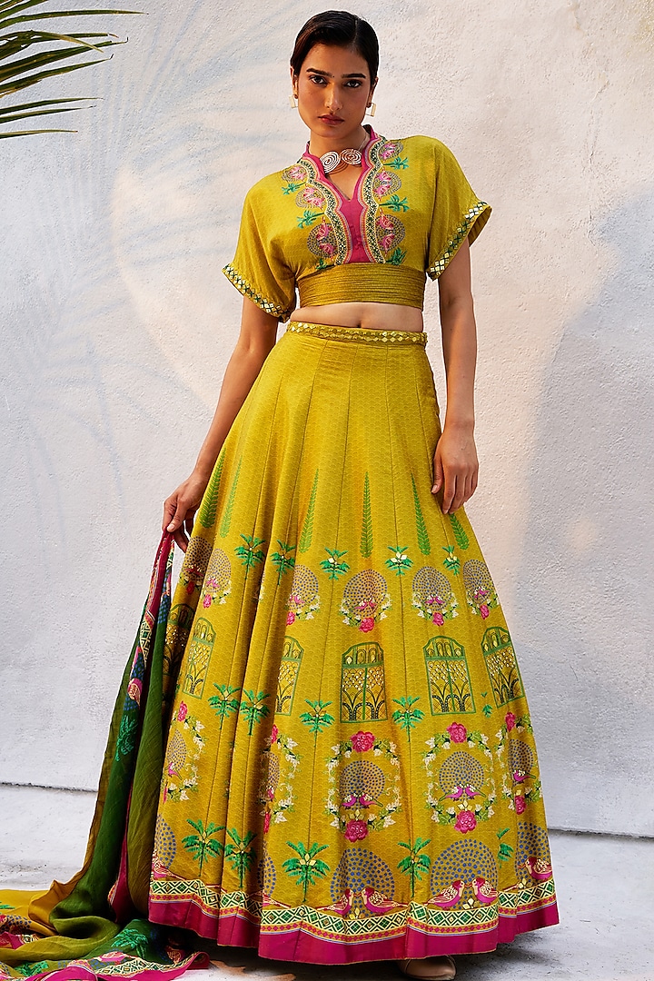 Citrine Yellow Tussar Silk Embroidered Wedding Lehenga Set by Basil Leaf at Pernia's Pop Up Shop