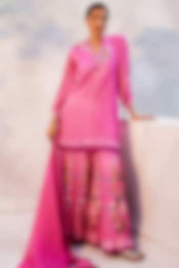 Fuchsia Pink Gajji Satin Printed Sharara Set by Basil Leaf at Pernia's Pop Up Shop