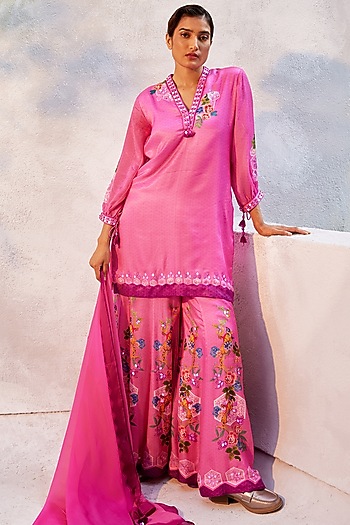 Fuchsia Pink Gajji Satin Printed Party Wear Sharara Set by Basil Leaf at Pernia's Pop Up Shop