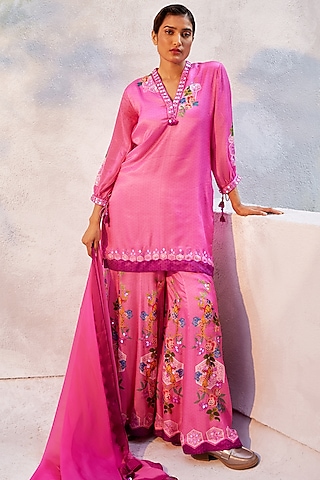 Fuchsia Pink Gajji Satin Printed Sharara Set by Basil Leaf