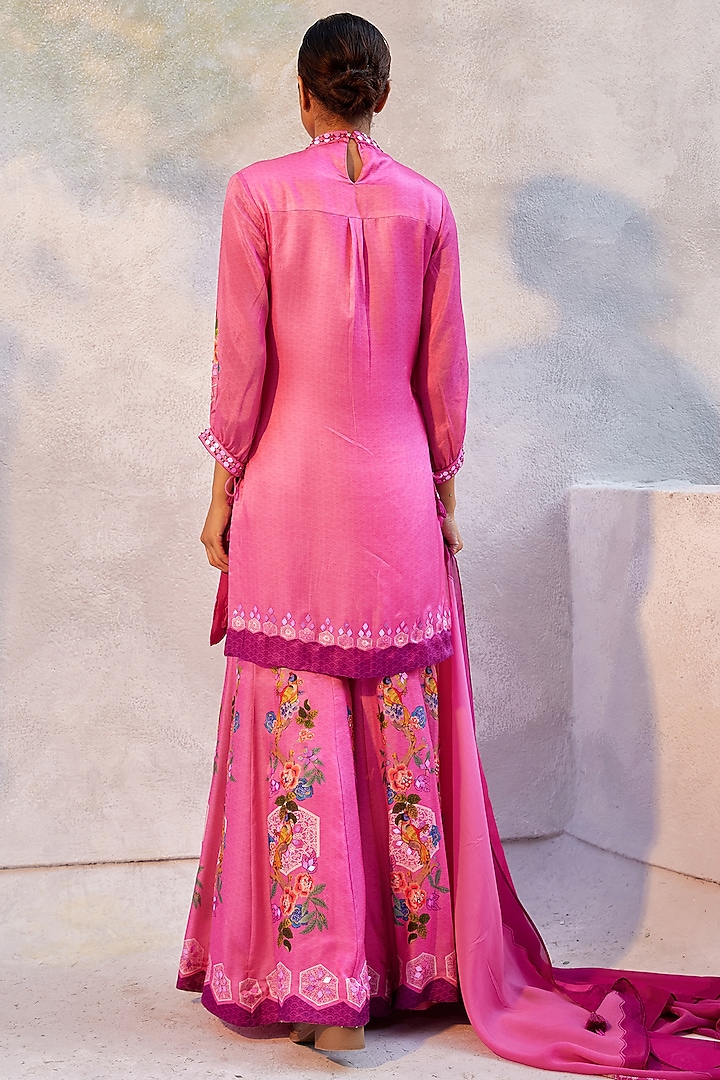 Fuchsia Pink Gajji Satin Printed Party Wear Sharara Set by Basil Leaf at Pernia's Pop Up Shop