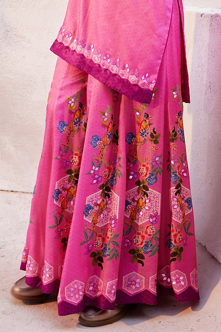 Fuchsia Pink Gajji Satin Printed Party Wear Sharara Set by Basil Leaf at Pernia's Pop Up Shop
