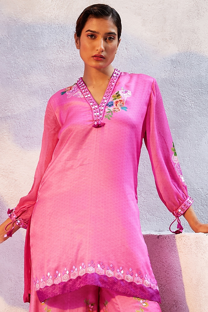 Fuchsia Pink Gajji Satin Printed Party Wear Sharara Set by Basil Leaf at Pernia's Pop Up Shop