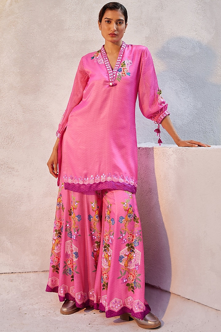 Fuchsia Pink Gajji Satin Printed Party Wear Sharara Set by Basil Leaf at Pernia's Pop Up Shop