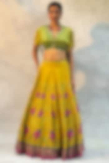 Ochre Yellow Tussar Silk Hand Embroidered Wedding Lehenga Set by Basil Leaf at Pernia's Pop Up Shop