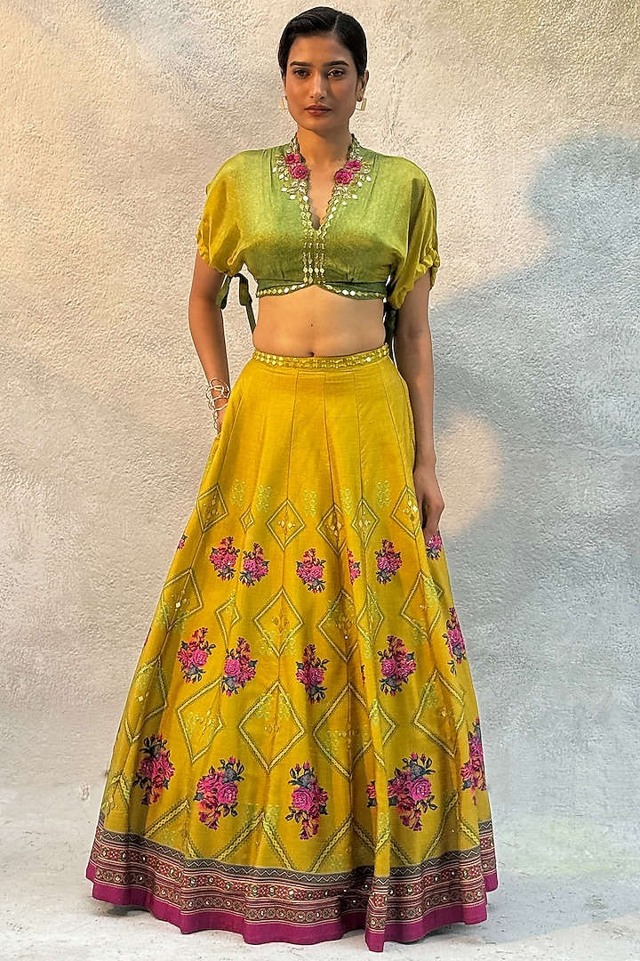 Ochre Yellow Tussar Silk Hand Embroidered Wedding Lehenga Set by Basil Leaf at Pernia's Pop Up Shop