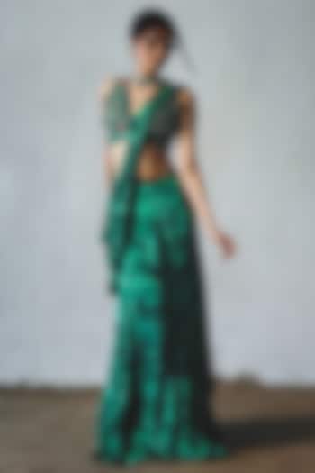 Bottle Green Chiffon Hand Embellished Pre-Draped Wedding Saree Set by Basil Leaf at Pernia's Pop Up Shop
