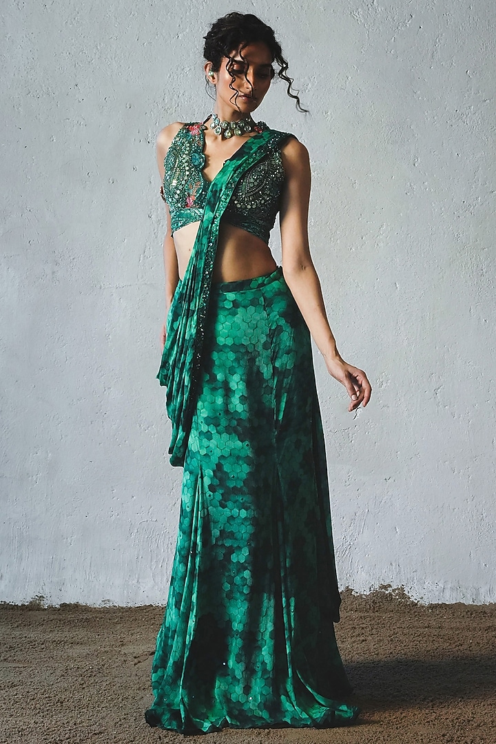 Bottle Green Chiffon Hand Embellished Pre-Draped Wedding Saree Set by Basil Leaf at Pernia's Pop Up Shop