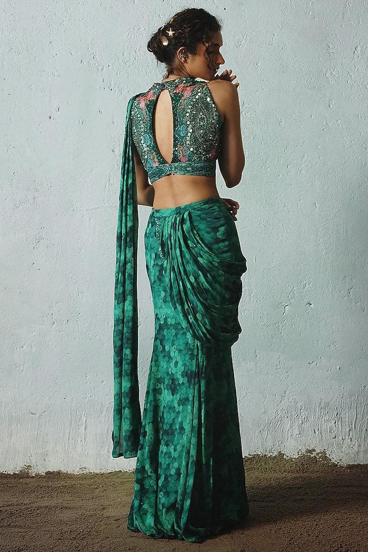 Bottle Green Chiffon Hand Embellished Pre-Draped Wedding Saree Set by Basil Leaf at Pernia's Pop Up Shop