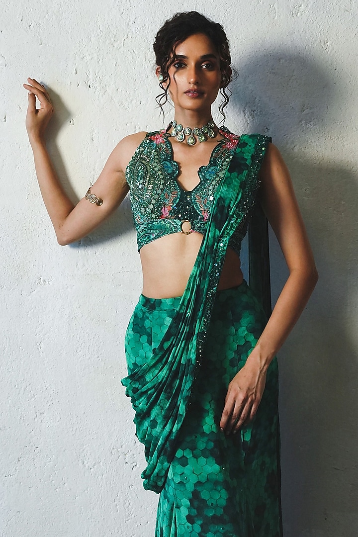 Bottle Green Chiffon Hand Embellished Pre-Draped Wedding Saree Set by Basil Leaf at Pernia's Pop Up Shop