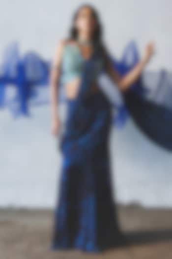 Blue Chiffon Pre-Draped Wedding Saree Set by Basil Leaf at Pernia's Pop Up Shop