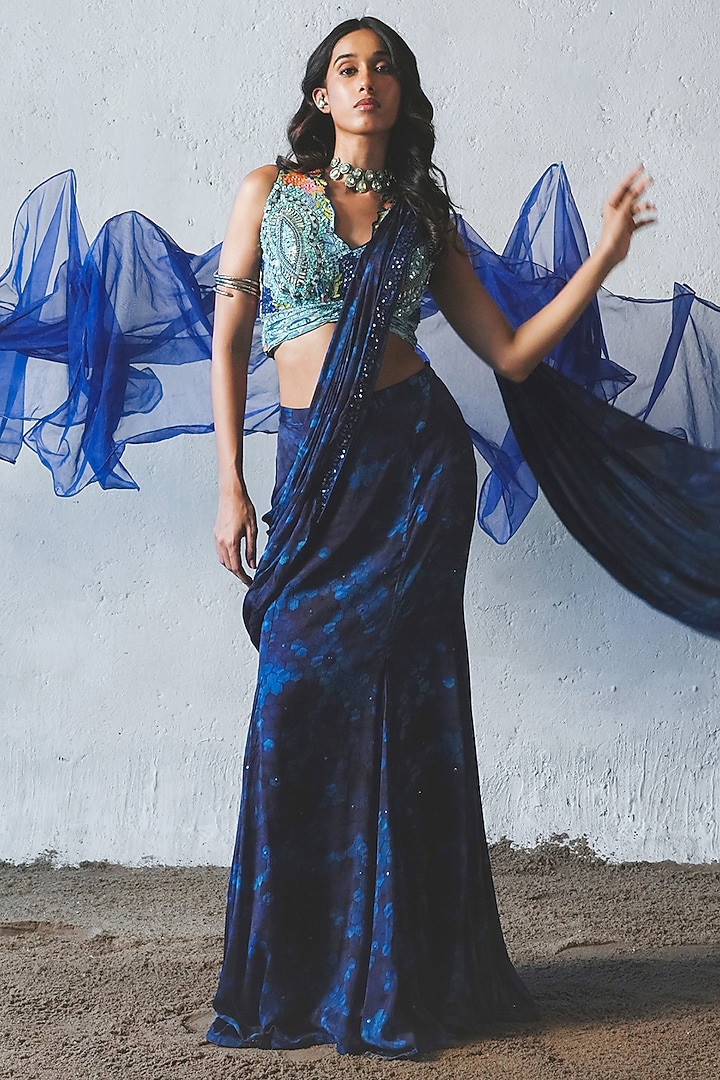 Blue Chiffon Pre-Draped Wedding Saree Set by Basil Leaf at Pernia's Pop Up Shop