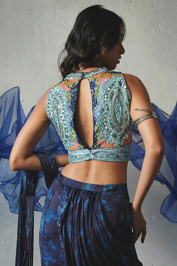 Blue Chiffon Pre-Draped Wedding Saree Set by Basil Leaf at Pernia's Pop Up Shop