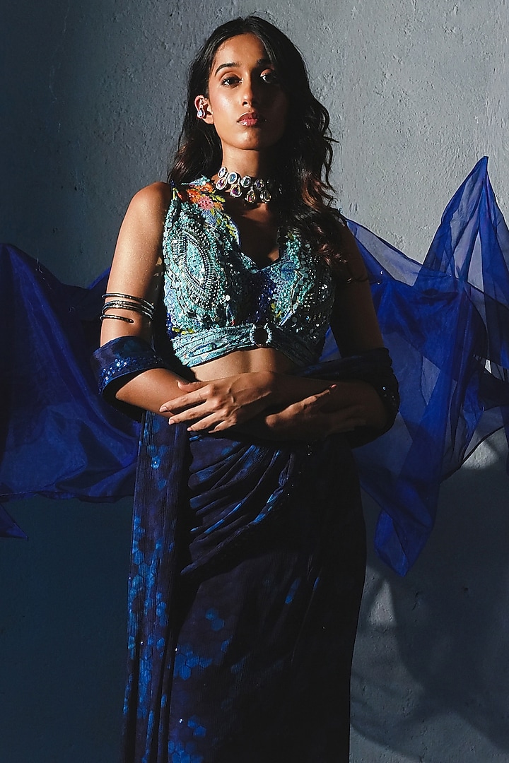 Blue Chiffon Pre-Draped Wedding Saree Set by Basil Leaf at Pernia's Pop Up Shop