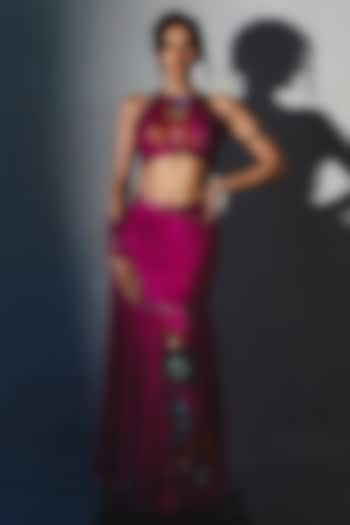 Pink Chiffon Pre-Draped Wedding Saree Set by Basil Leaf at Pernia's Pop Up Shop