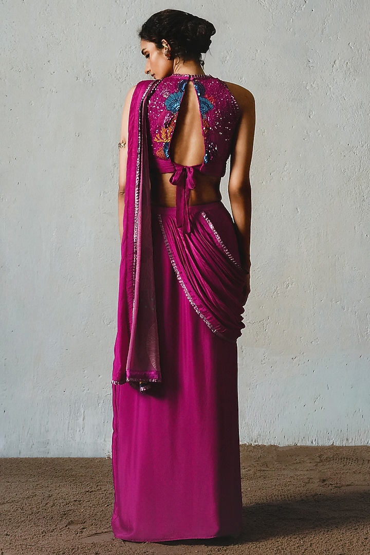 Pink Chiffon Pre-Draped Wedding Saree Set by Basil Leaf at Pernia's Pop Up Shop