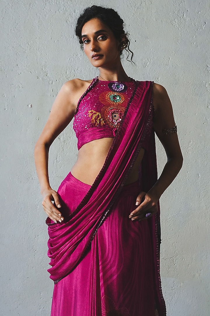 Pink Chiffon Pre-Draped Wedding Saree Set by Basil Leaf at Pernia's Pop Up Shop