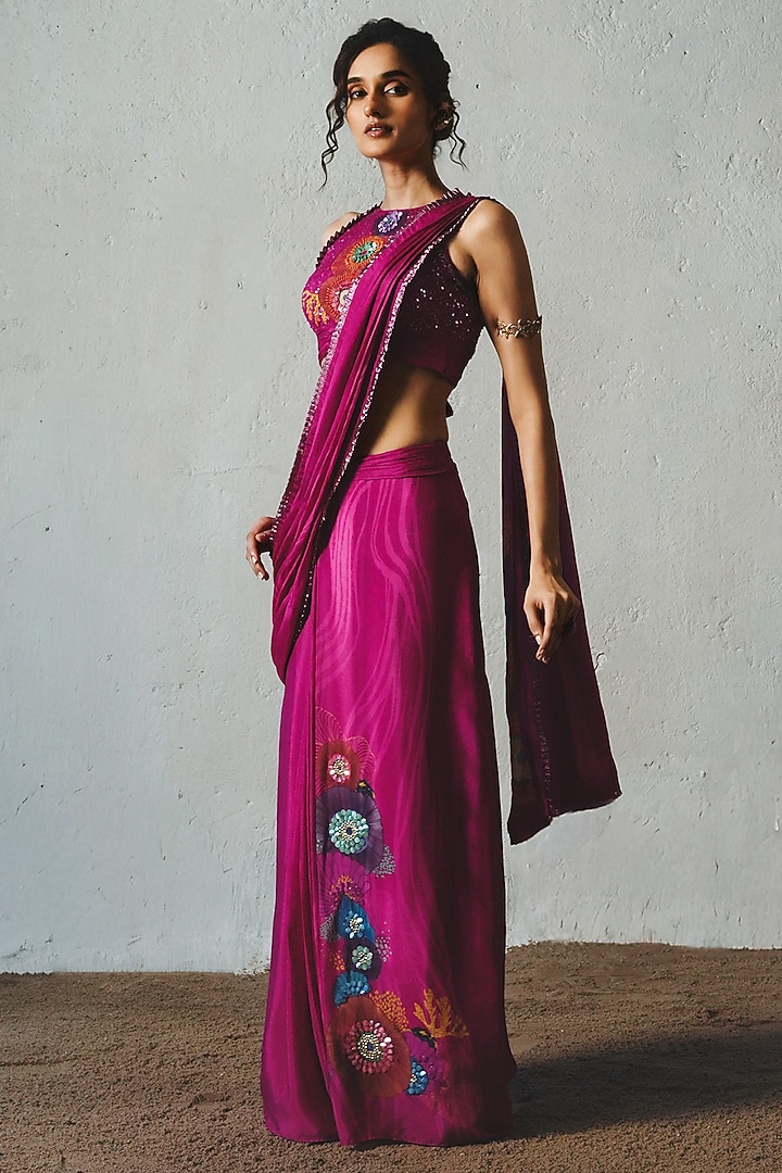 Pink Chiffon Pre-Draped Wedding Saree Set by Basil Leaf at Pernia's Pop Up Shop